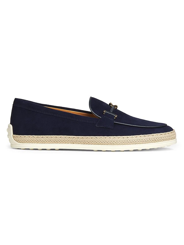 Double-T Ring Suede & Raffia Loafers