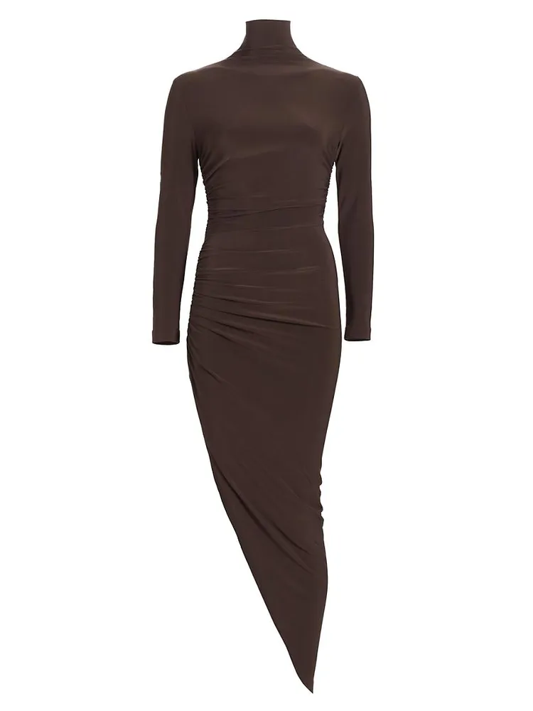 Long-Sleeve Turtleneck Side-Drape Midi Dress