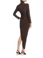 Long-Sleeve Turtleneck Side-Drape Midi Dress