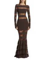 Spliced Mesh-Stiped Fishtail Gown