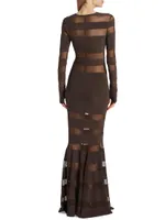 Spliced Mesh-Stiped Fishtail Gown