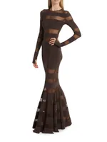 Spliced Mesh-Stiped Fishtail Gown