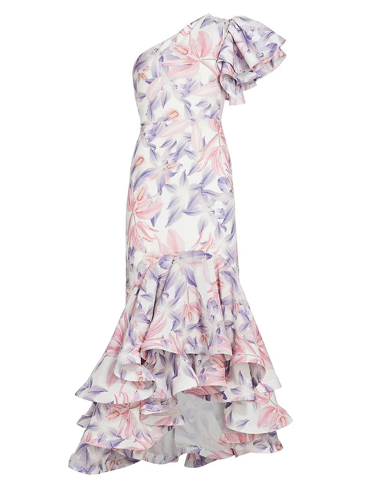 Corocora Ruffled Floral One-Shoulder Maxi Dress