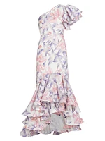 Corocora Ruffled Floral One-Shoulder Maxi Dress