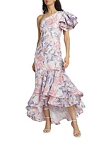 Corocora Ruffled Floral One-Shoulder Maxi Dress