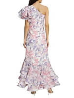 Corocora Ruffled Floral One-Shoulder Maxi Dress