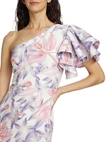 Corocora Ruffled Floral One-Shoulder Maxi Dress