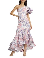 Corocora Ruffled Floral One-Shoulder Maxi Dress