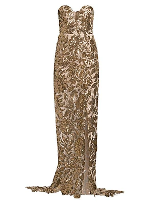 Adrianna Sequin Leaf Strapless Gown