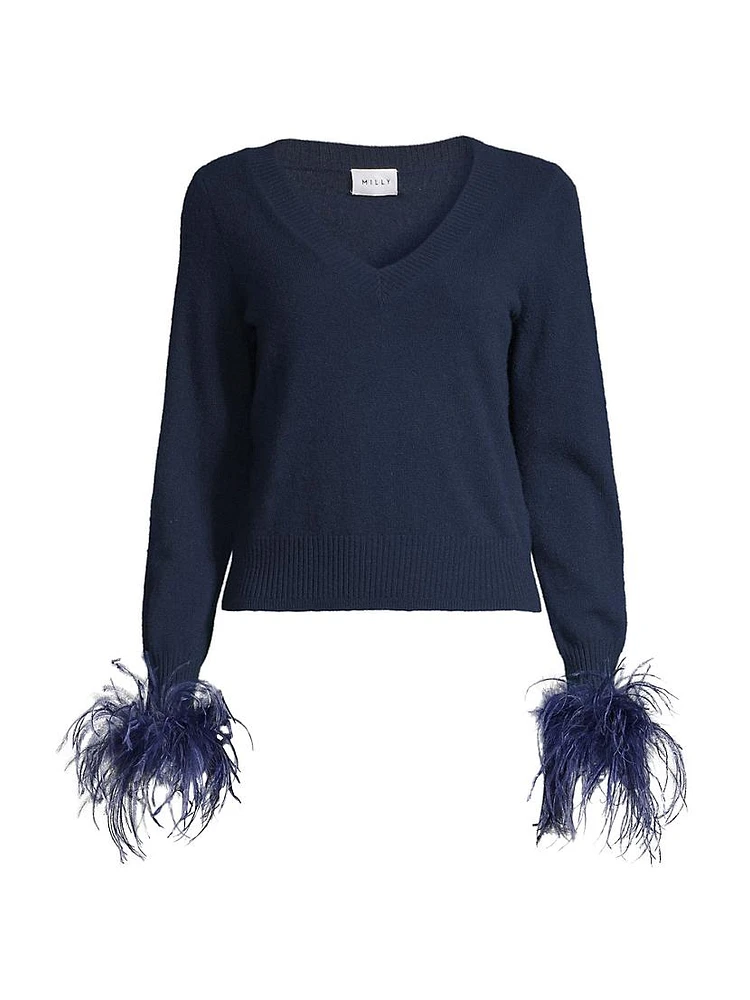 V-Neck Feather-Cuff Sweater