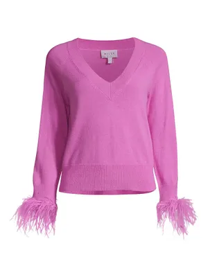 V-Neck Feather-Cuff Sweater