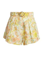 Floral Linen Belted Tuck Shorts