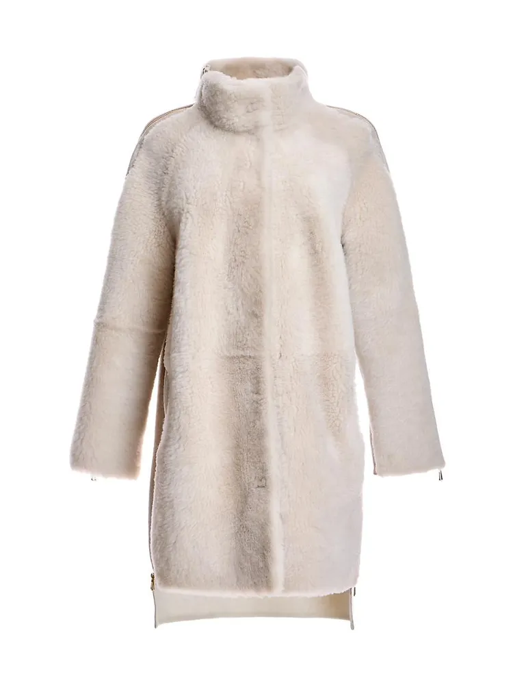 Shearling & Wool Zip Cocoon Coat