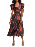 Floral Silk Puff-Sleeve Midi-Dress