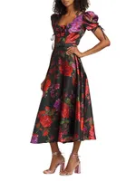 Floral Silk Puff-Sleeve Midi-Dress
