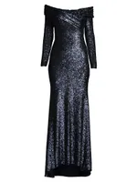 Social Signature Off-The-Shoulder Sequin Gown