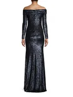 Social Signature Off-The-Shoulder Sequin Gown