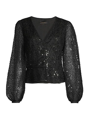 Heavy Metal Sequined Balloon-Sleeve Blouse