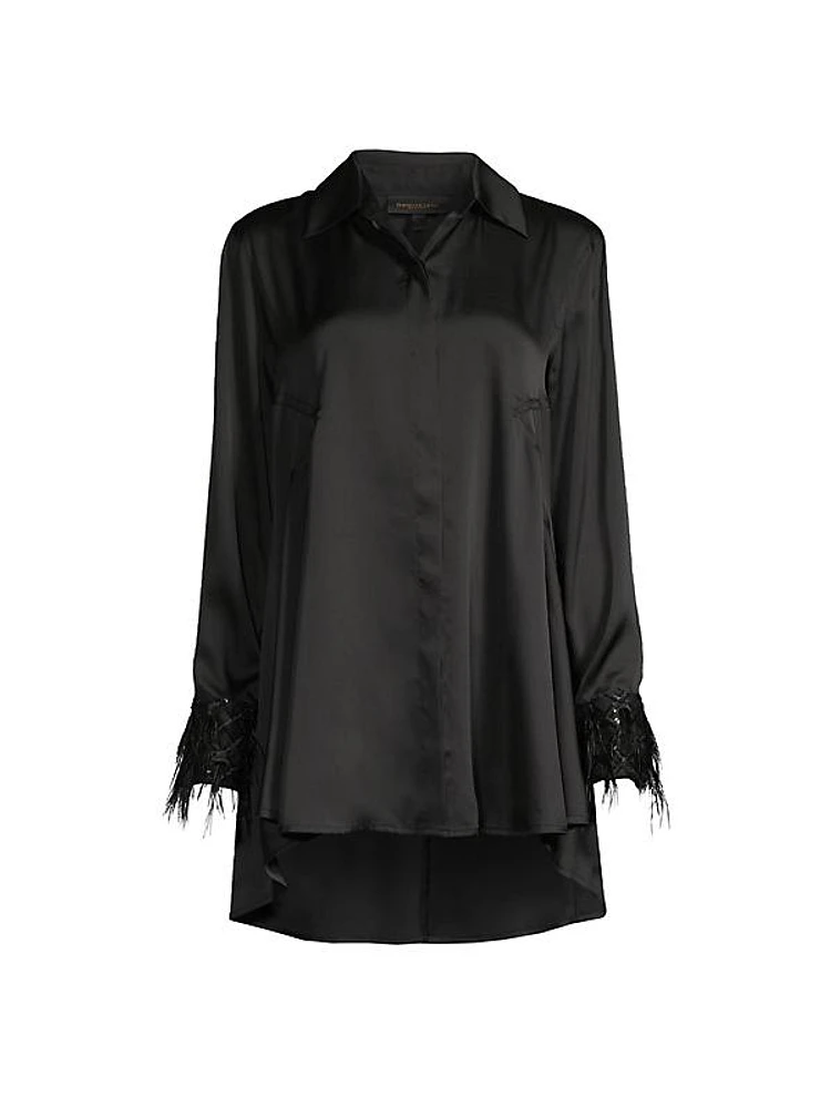 Heavy Metal Feather-Embellished Satin Tunic