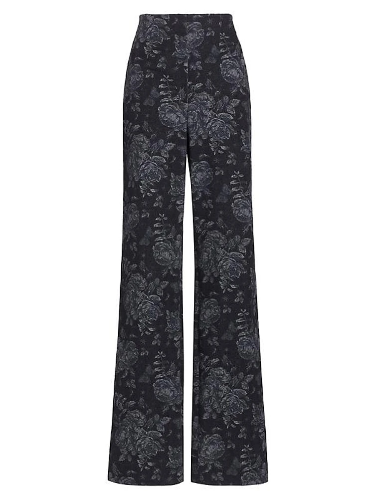 Floral Denim Straight-Leg Pants