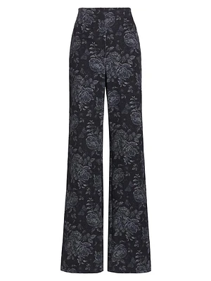 Floral Denim Straight-Leg Pants