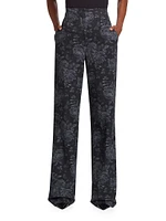 Floral Denim Straight-Leg Pants