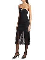 Puzzle Fringe-Trimmed Strapless Midi-Dress