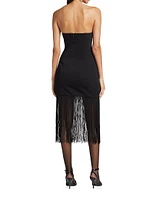 Puzzle Fringe-Trimmed Strapless Midi-Dress