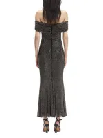 Rhinestone-Embellished Off-the-Shoulder Maxi-Dress