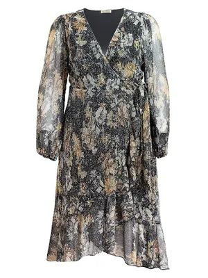 Clara Metallic Floral Wrap Midi-Dress
