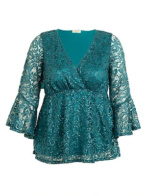 Sequin Sparkle Bell-Sleeve Lace Blouse