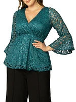 Sequin Sparkle Bell-Sleeve Lace Blouse