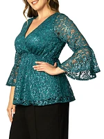 Sequin Sparkle Bell-Sleeve Lace Blouse