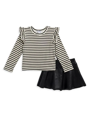 Little Girl's 2-Piece Striped Bodysuit & Faux Leather Skirt