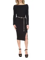 Wool-Blend Chainlink Belt Off-the-Shoulder Sweaterdress