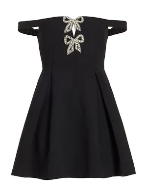 Diamanté Bow Crepe Off-the-Shoulder Mini Dress