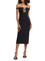 Diamanté Bow Crepe Off-the-Shoulder Midi Dress