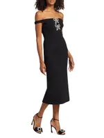 Diamanté Bow Crepe Off-the-Shoulder Midi Dress