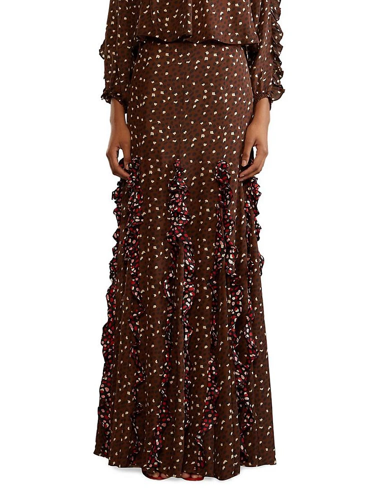 Silk Cheetah Ruffled Maxi Skirt