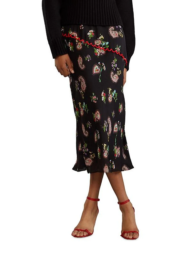 Silk Paisley Slip Midi-Skirt