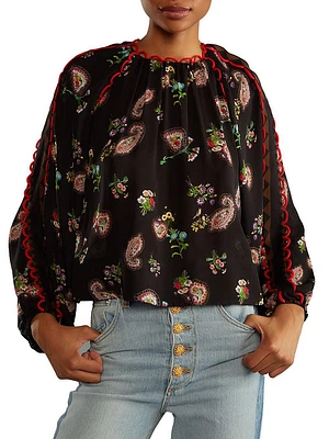 Paisley Loop-Trim Silk Blouse