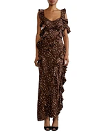 Silk Cheetah Ruffled Maxi Dress