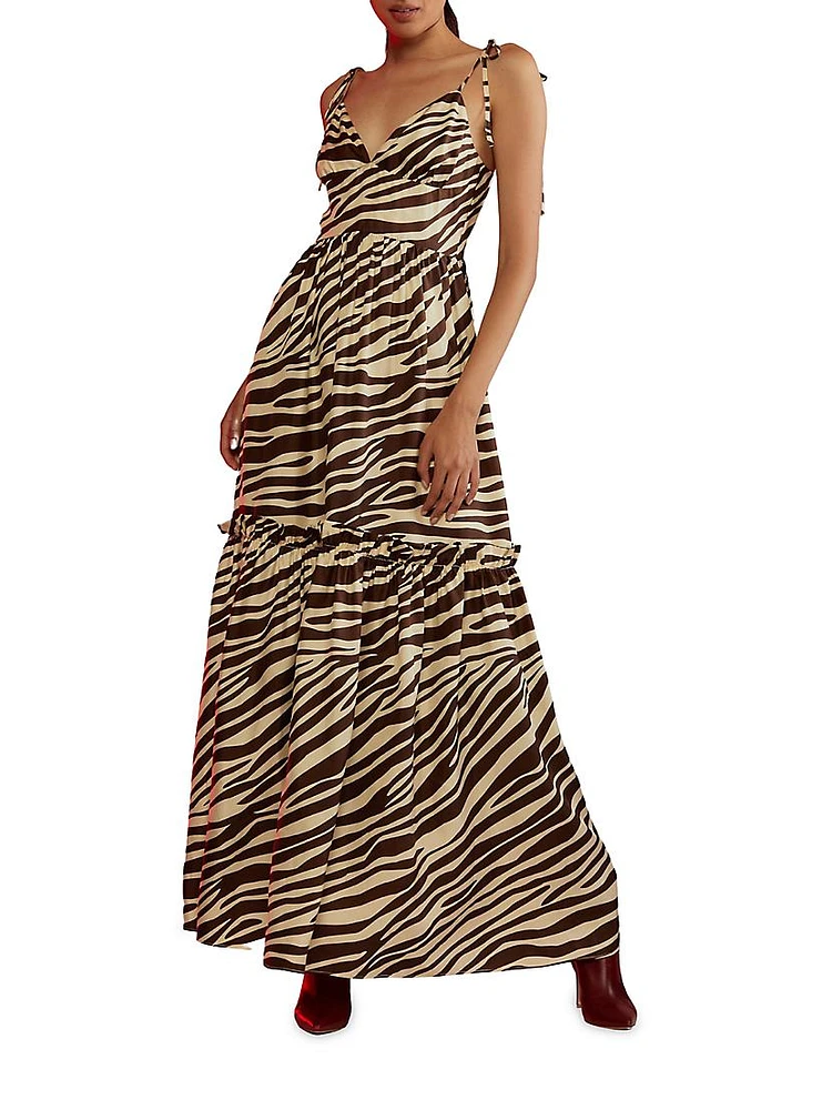 Zebra Tie-Shoudler Silk Maxi Dress