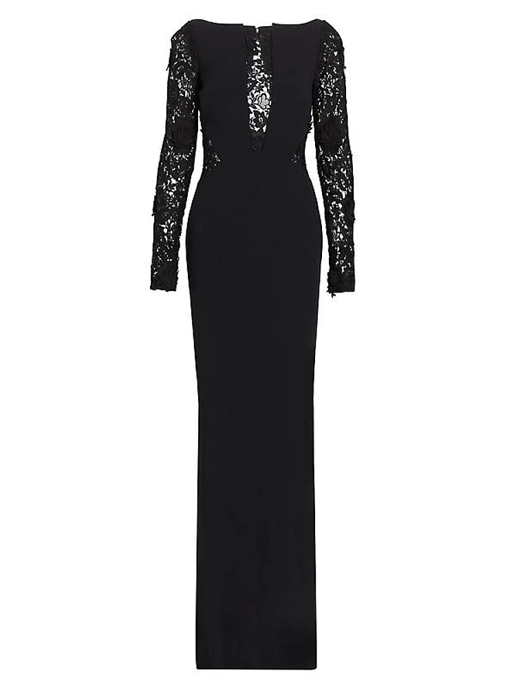 Lace-Paneled Long-Sleeve Gown