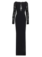 Lace-Paneled Long-Sleeve Gown