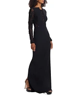 Lace-Paneled Long-Sleeve Gown