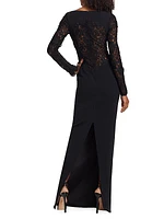 Lace-Paneled Long-Sleeve Gown