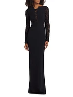 Lace-Paneled Long-Sleeve Gown