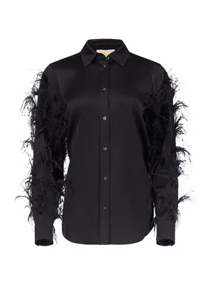 Feather-Embellished Satin Shirt