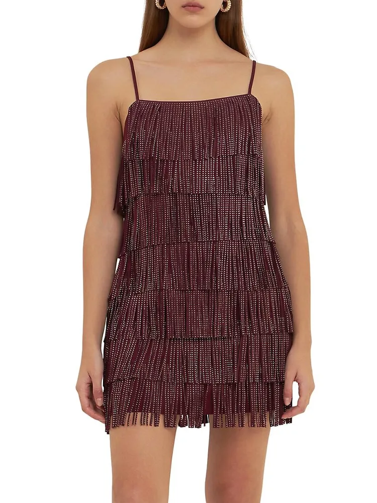 Embellished Suede Fringe Mini Dress